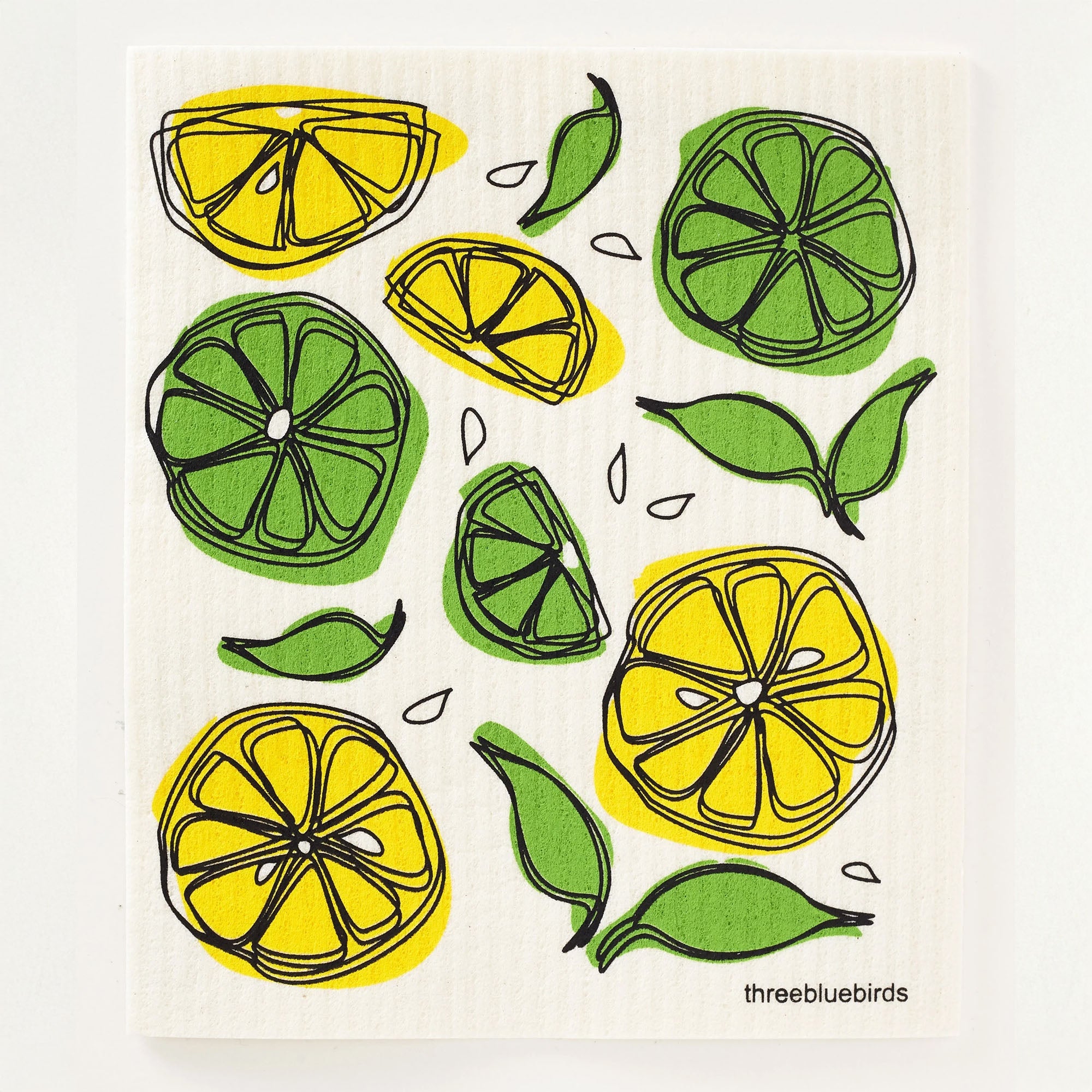 Refreshing Swedish dishcloth with a zesty design of yellow lemons and green limes.