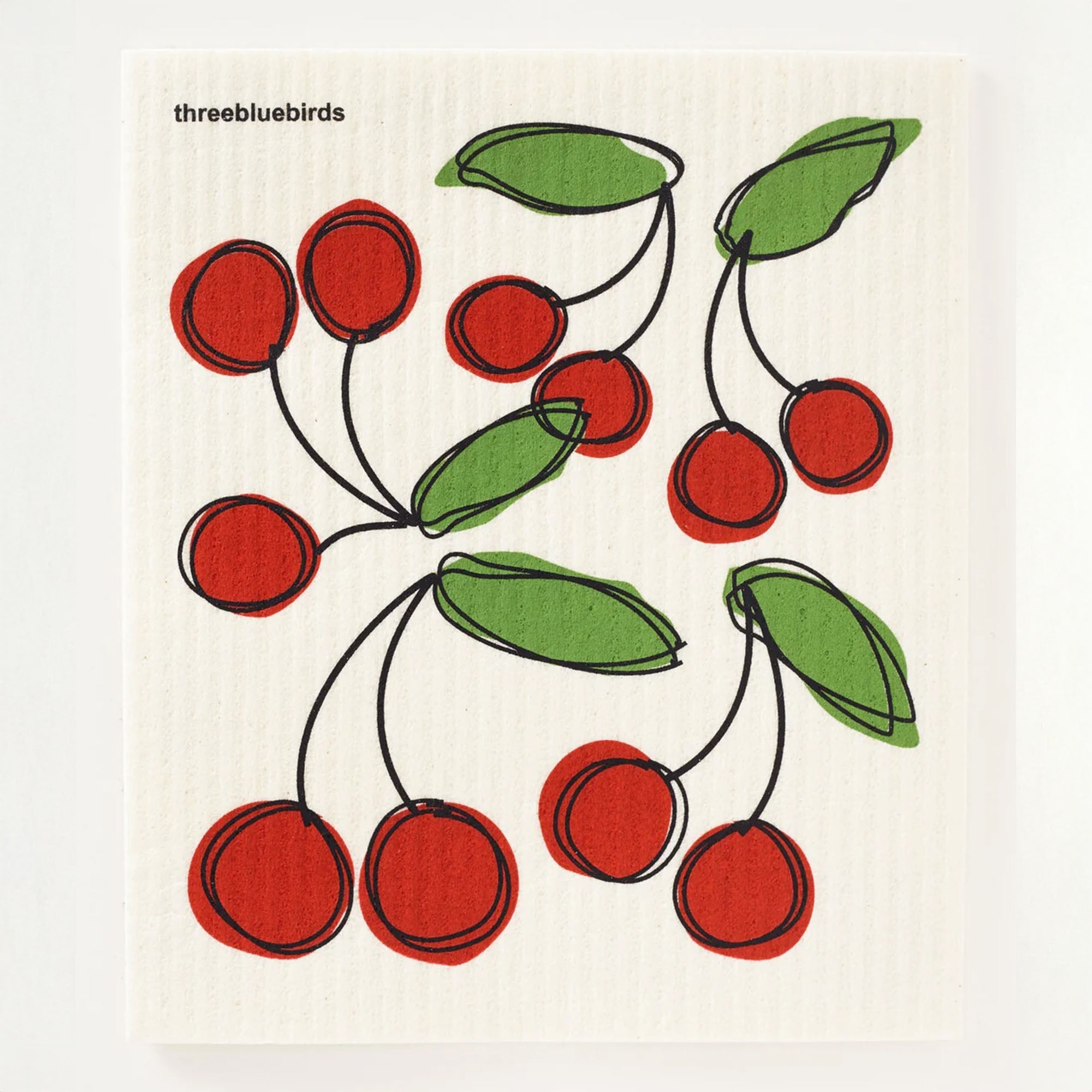 Delightful reusable cloth with a repeating pattern of plump, red cherries and green stems