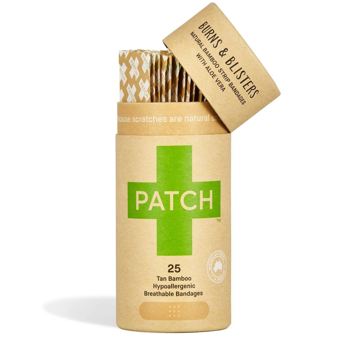 A kraft-paper-style cardboard tube labeled “PATCH,” aloe vera standing upright on a white background, showcasing eco-friendly packaging for biodegradable bandage strips.