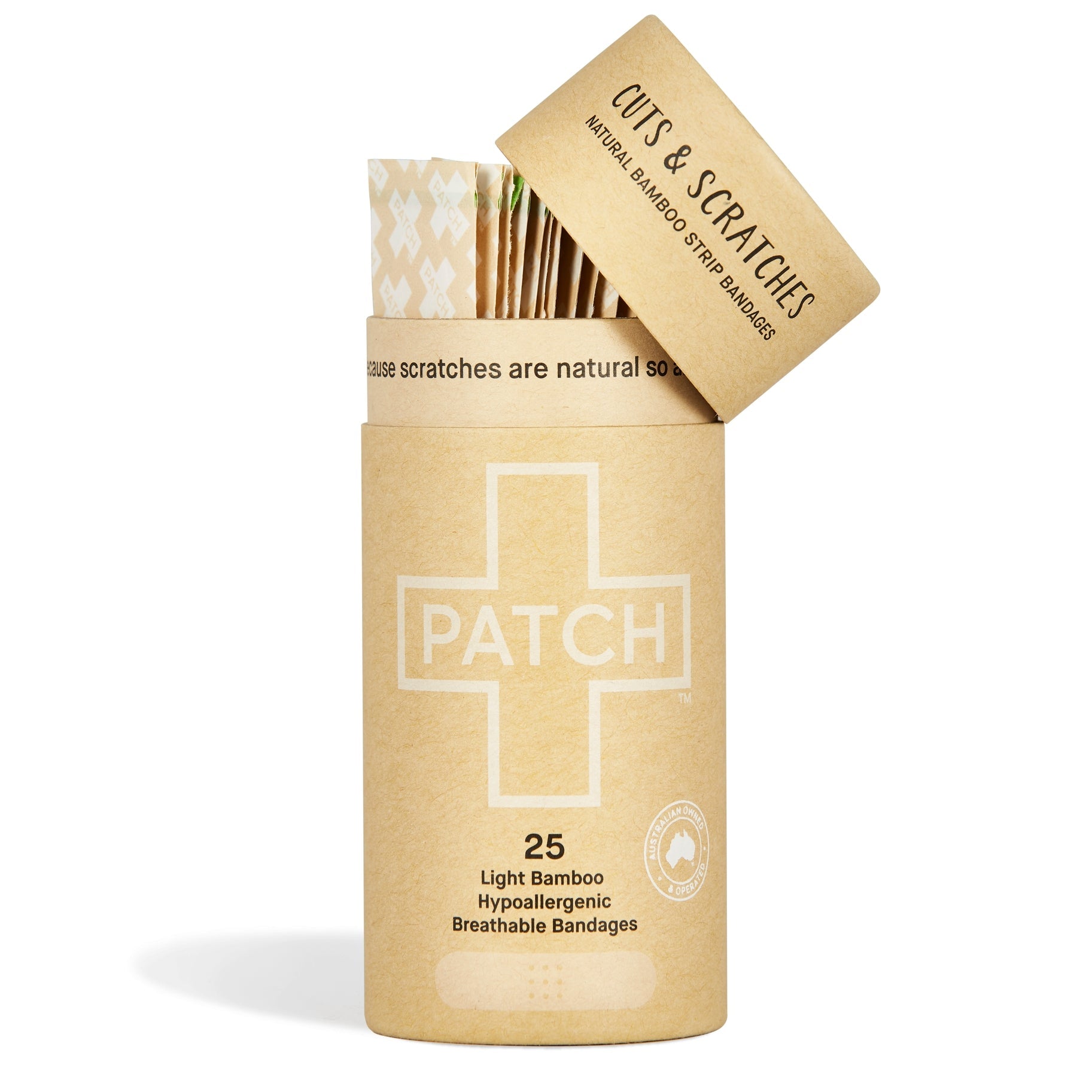 A kraft-paper-style cardboard tube labeled “PATCH,” natural standing upright on a white background, showcasing eco-friendly packaging for biodegradable bandage strips.