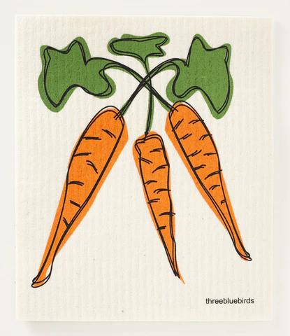 Bright orange carrots with vibrant green leafy tops are featured on this biodegradable reusable Swedish dishcloth, suitable for use with your preferred cleaning solutions