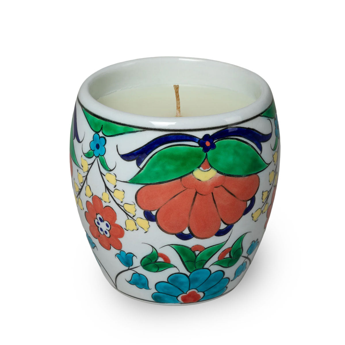 Ceramic candle holder with colorful floral design on a white background
