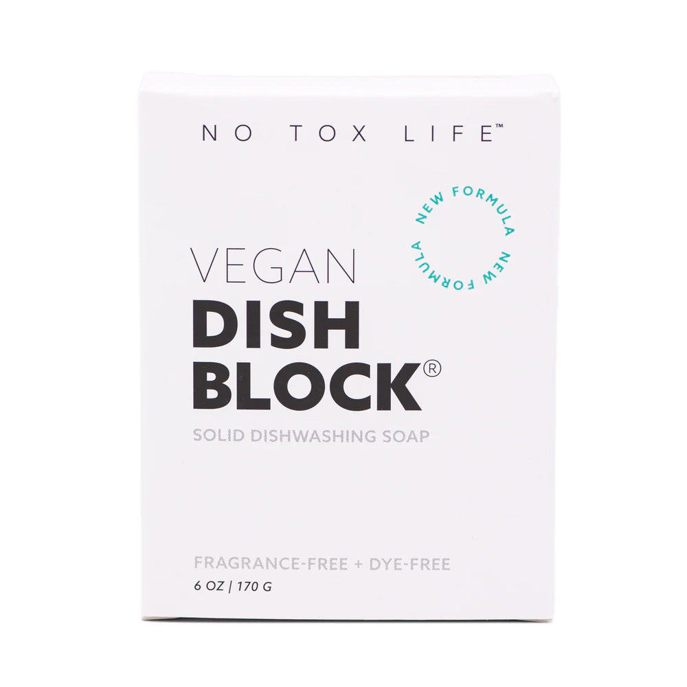 Vegan dish block packaging with 'No Tox Life' branding on a white background