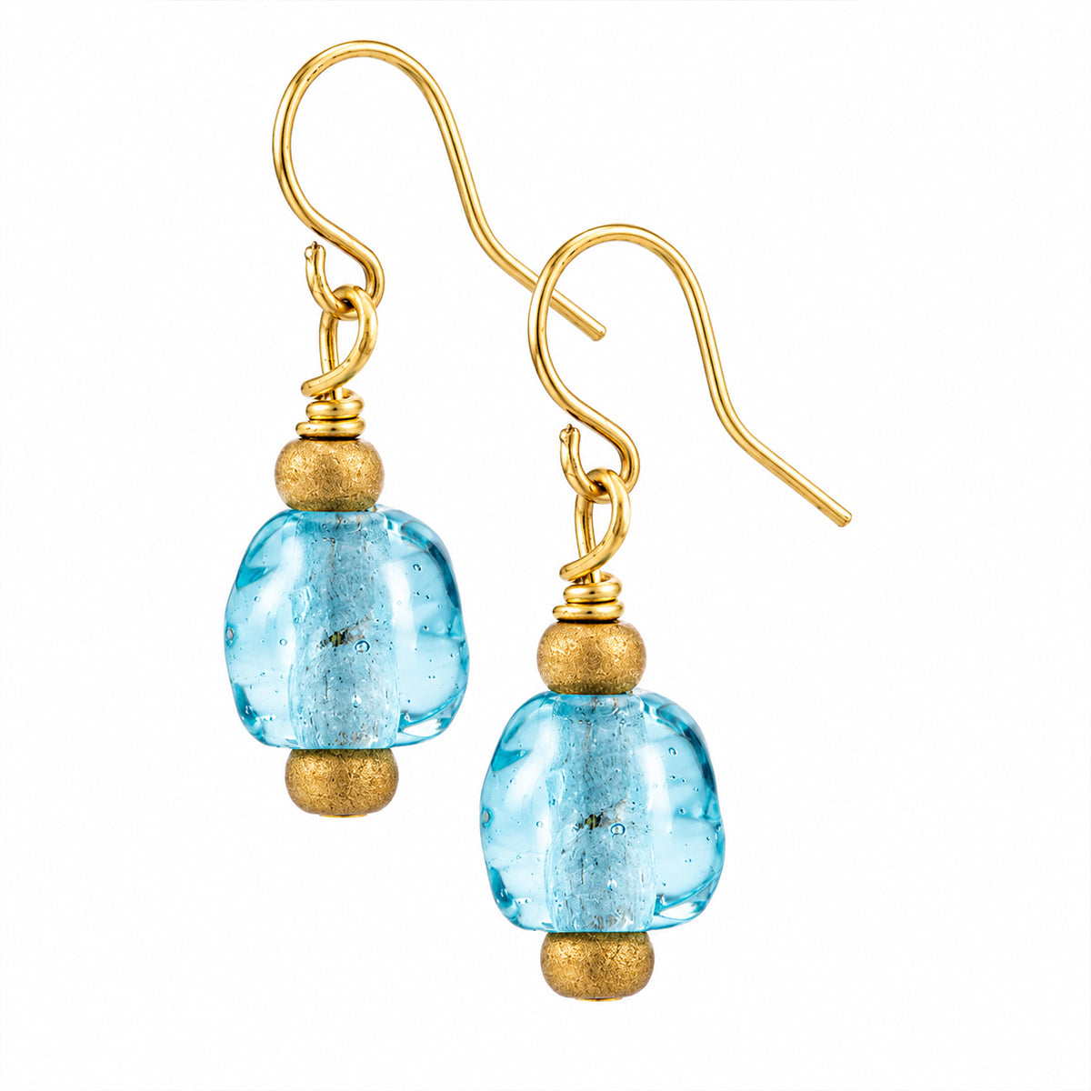 Gold and blue glass earrings on a white background