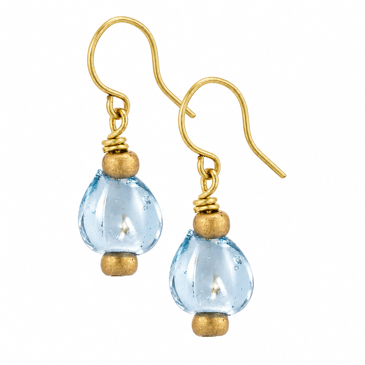 Gold and blue teardrop earrings on a white background