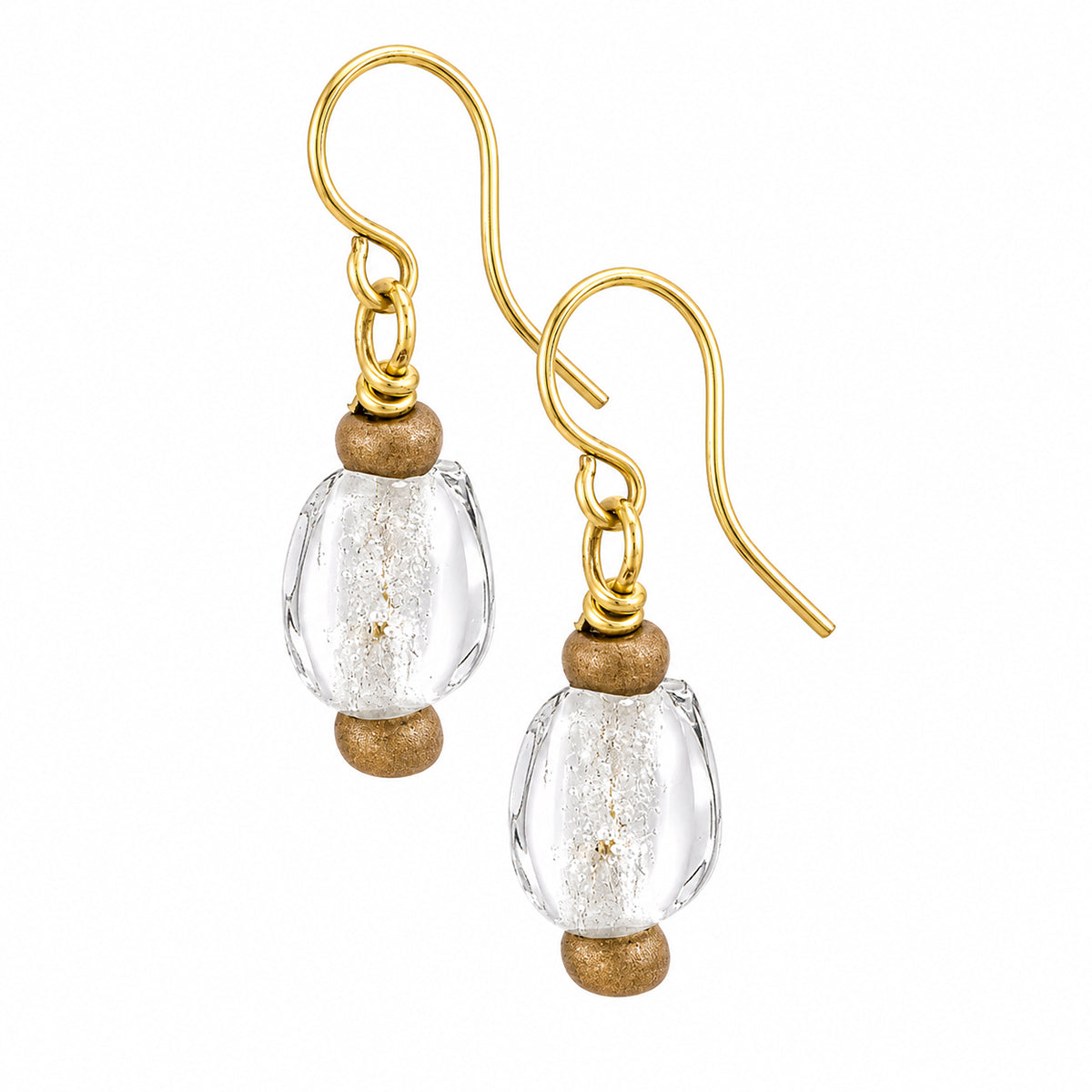 Gold and wooden bead earrings with clear glass beads on a white background