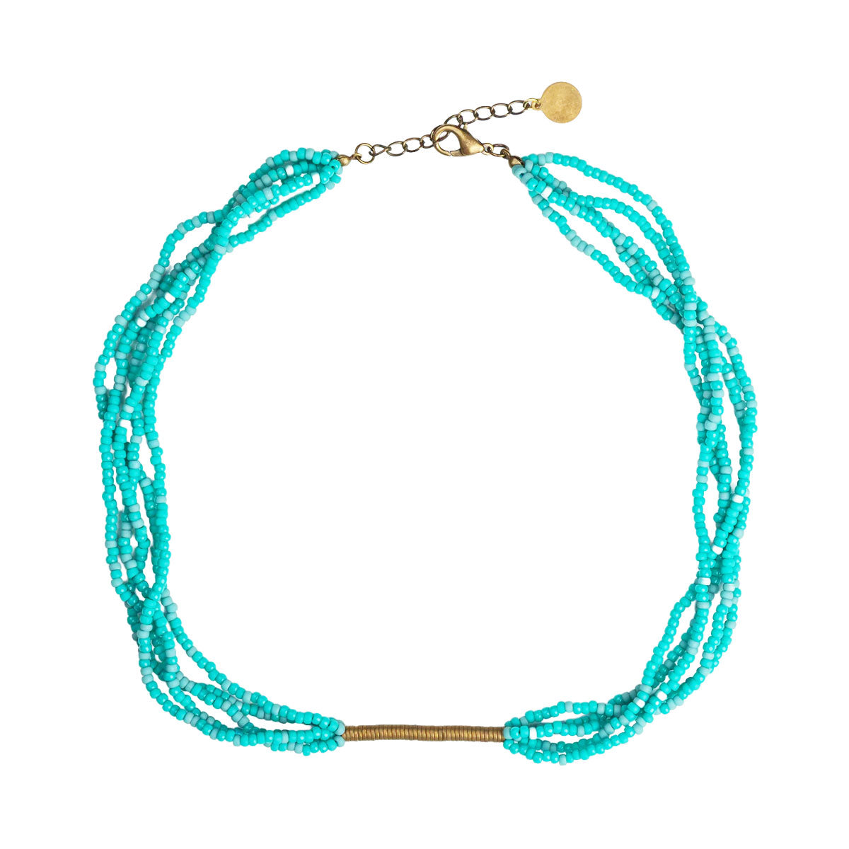 Turquoise beaded necklace on a white background