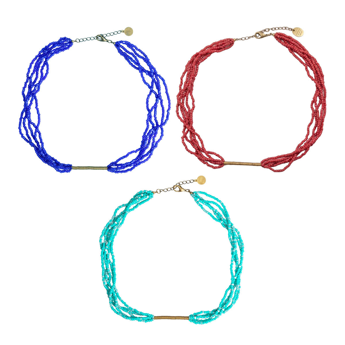 Three necklaces in blue, red, and turquoise on a white background