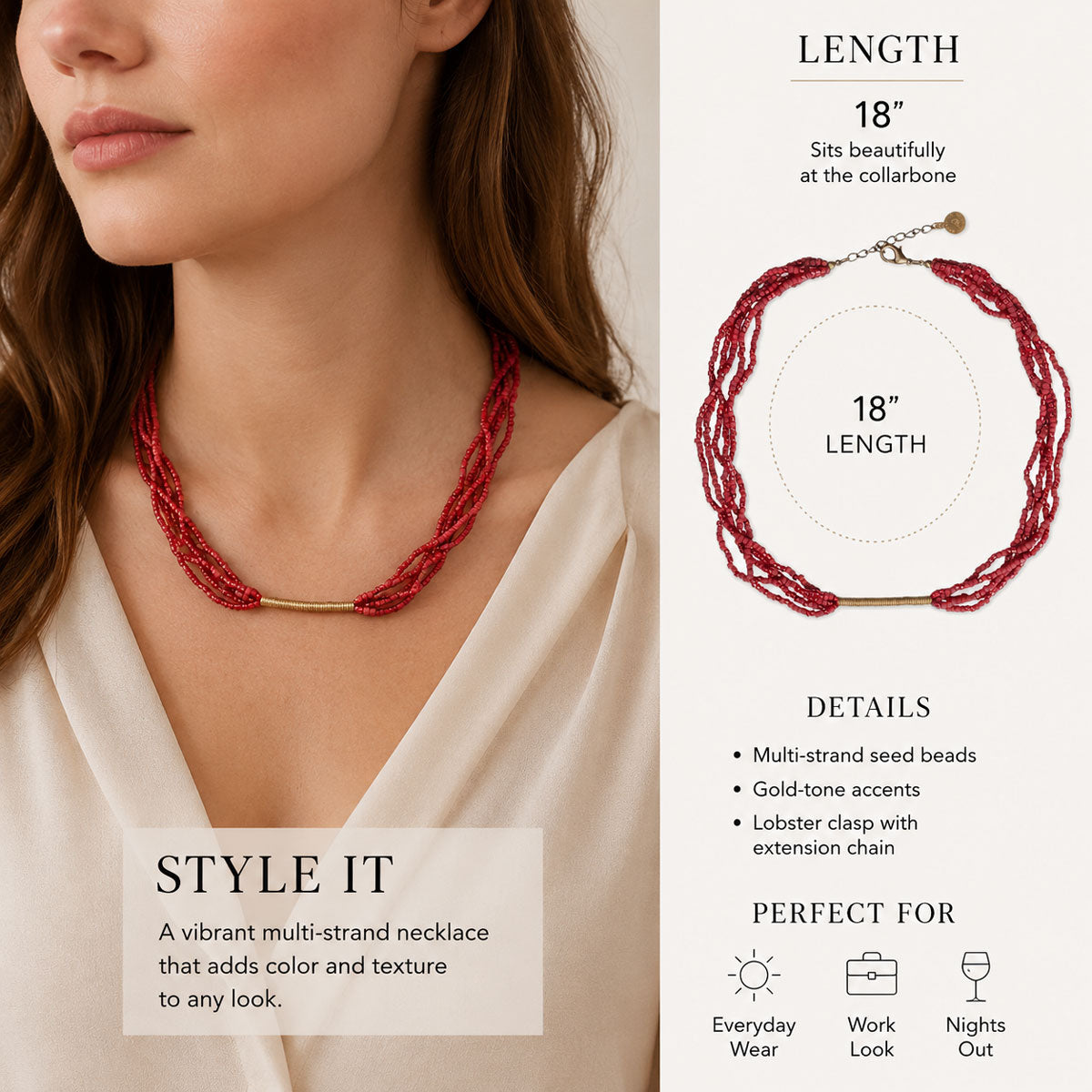 Red multi-strand necklace worn by a model with product details on a white background