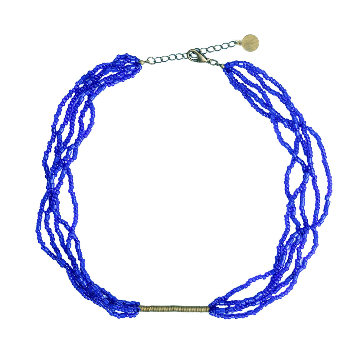 Blue beaded necklace on a white background