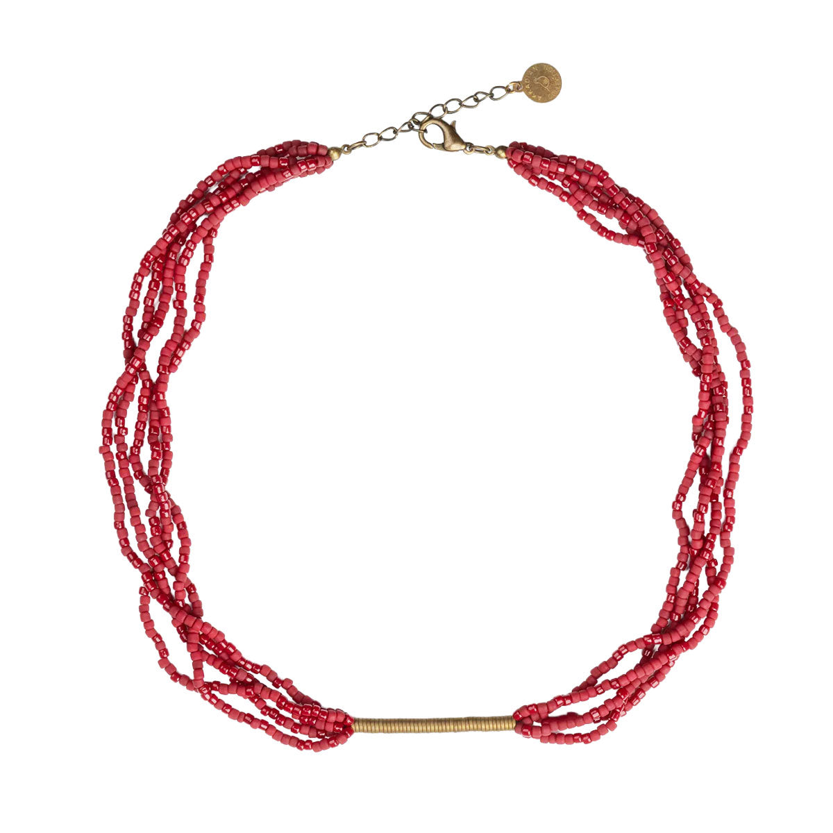 Red beaded necklace with gold clasp on a white background