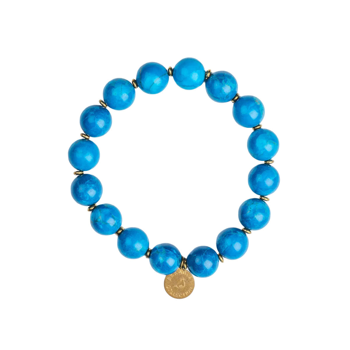 A beaded stretch bracelet featuring bright turquoise-blue faceted round beads separated by small gold spacer rings, with a small round gold coin charm at the bottom.
