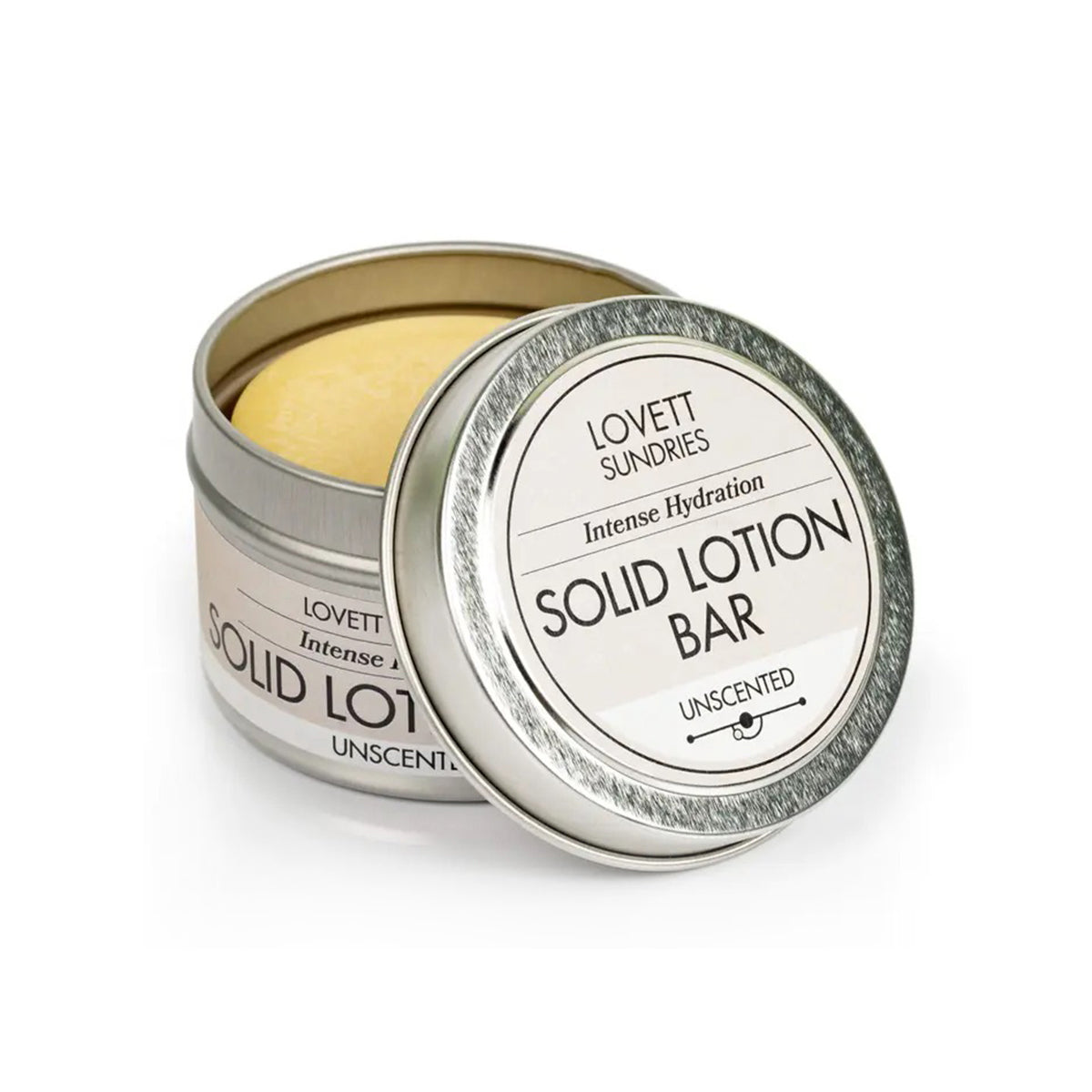 Solid lotion bar in a tin with 'Lovett Sundries' branding on a white background