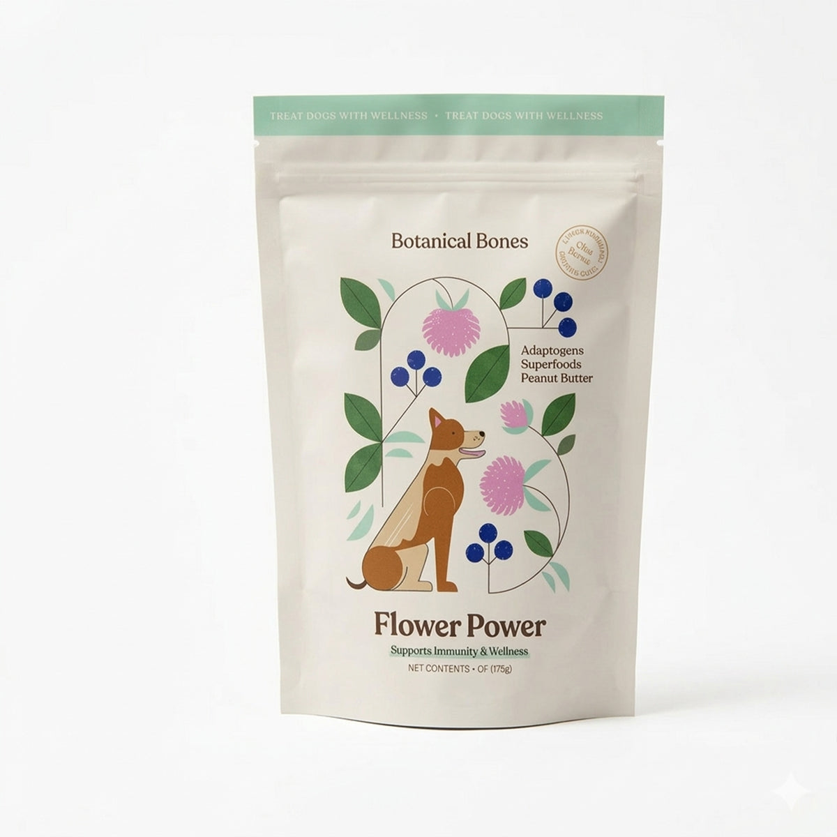 Package of Botanical Bones Flower Power dog treat on a white background