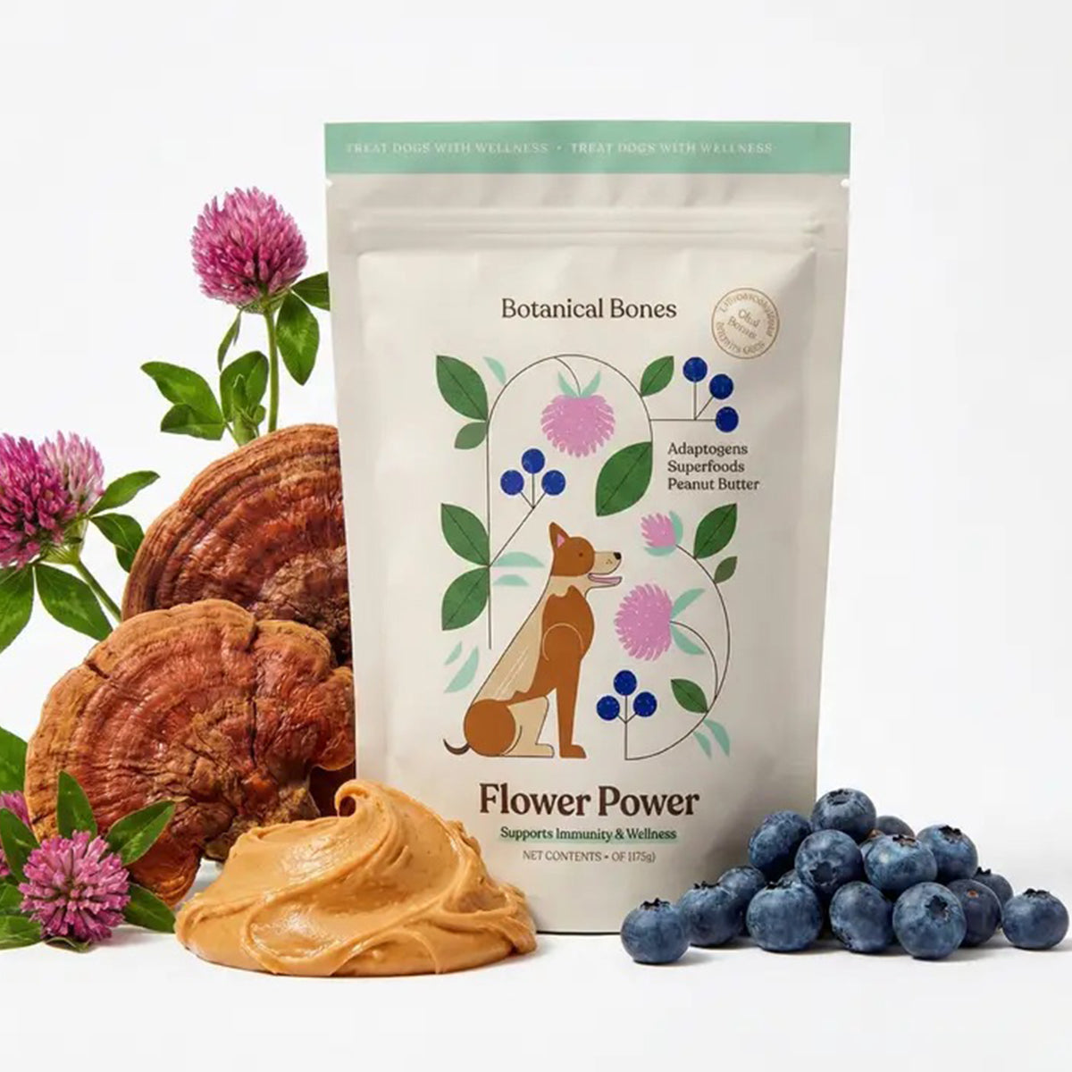 Packaging of Botanical Bones Flower Power peanut butter with ingredients on a white background