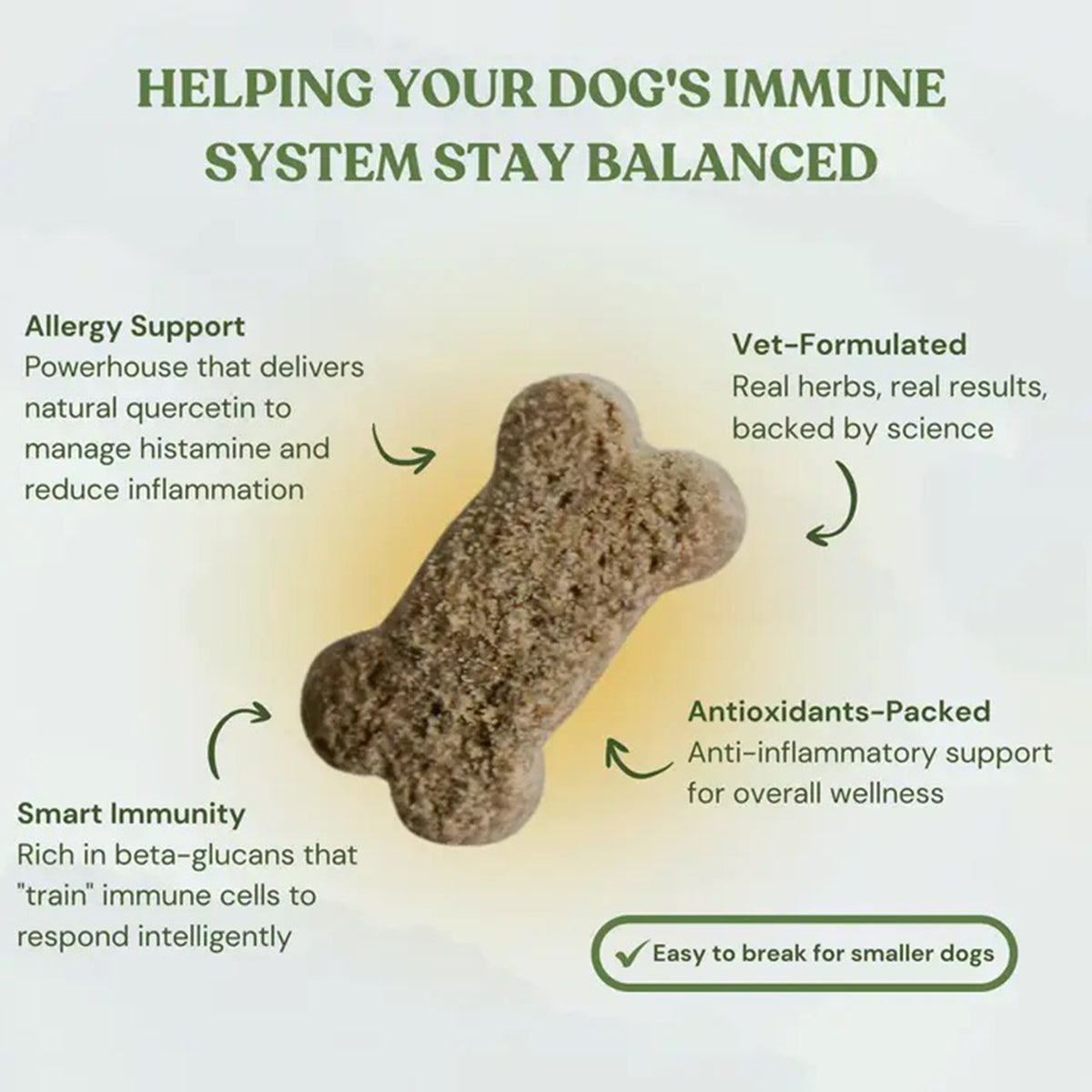 Dog treat with text on how it helps a dog's immune system, including allergy support, antioxidants, and smart immunity.