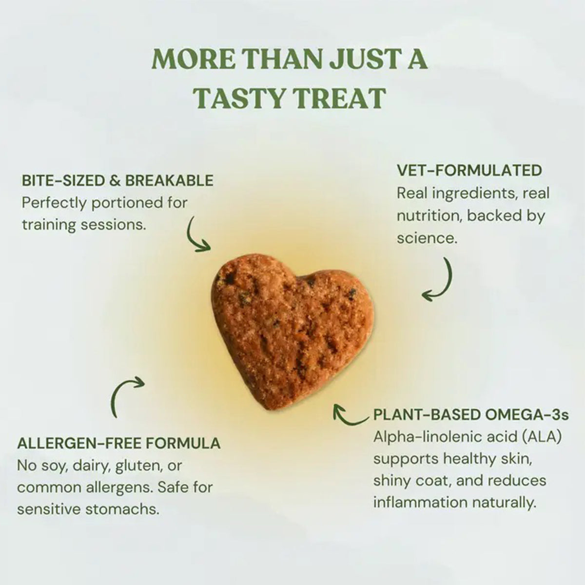 Heart-shaped dog treat with text highlighting its features on a gradient background