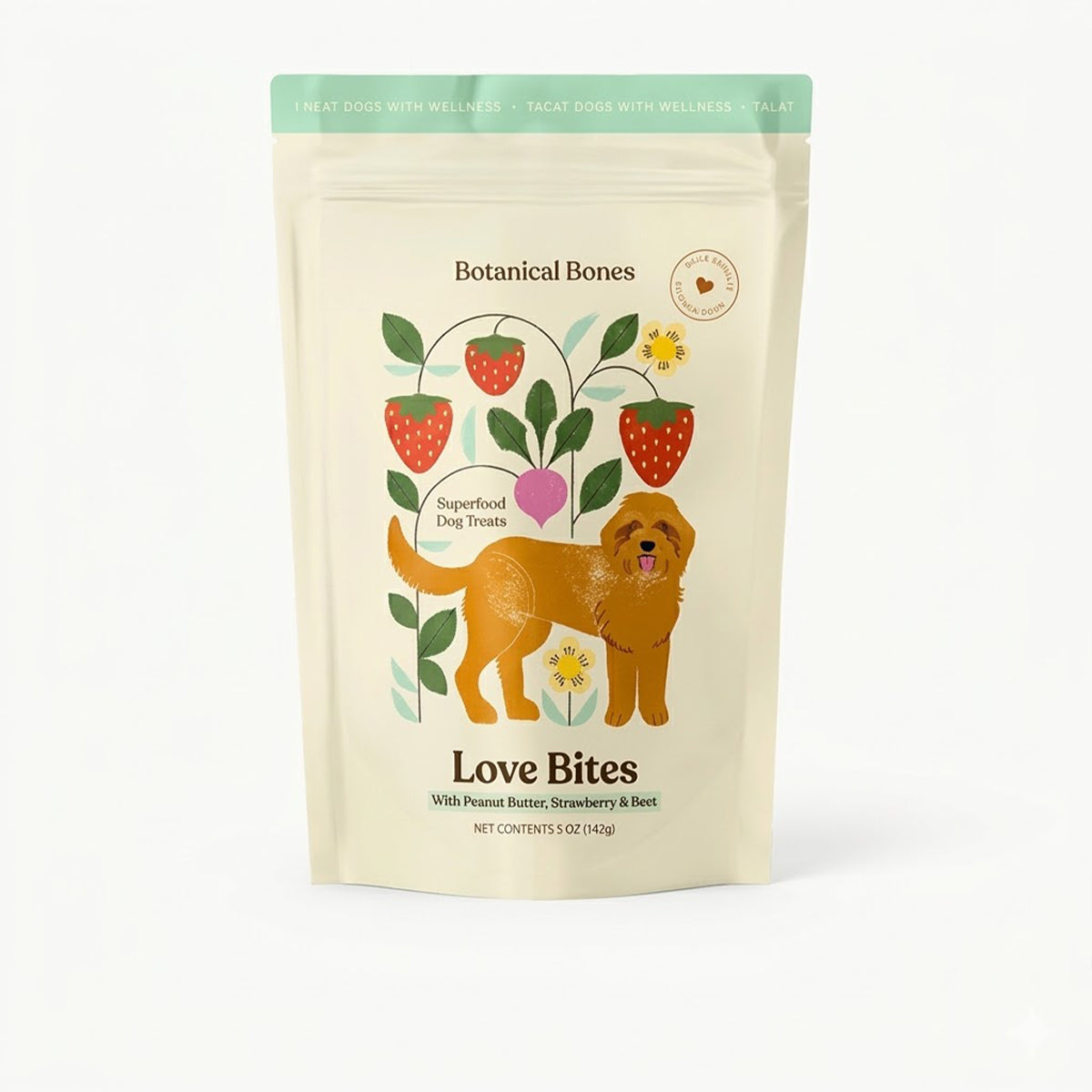 Package of Botanical Bones Love Bites dog treats with a dog illustration on a white background