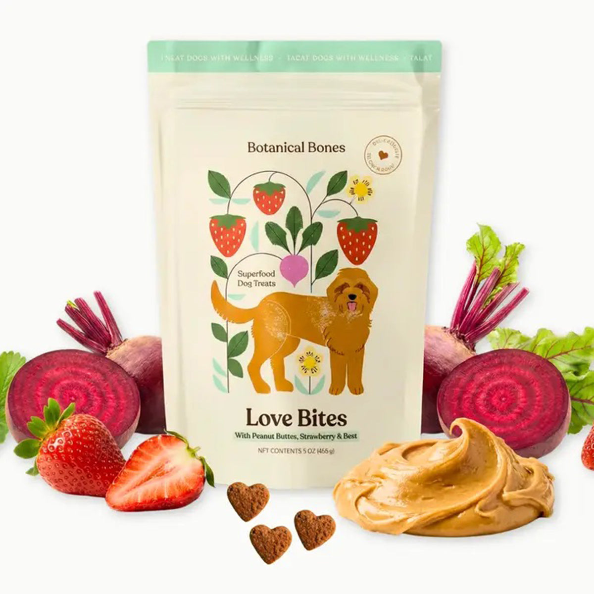 Bag of Botanical Bones Love Bites dog treats with strawberries, beets, and peanut butter on a white background