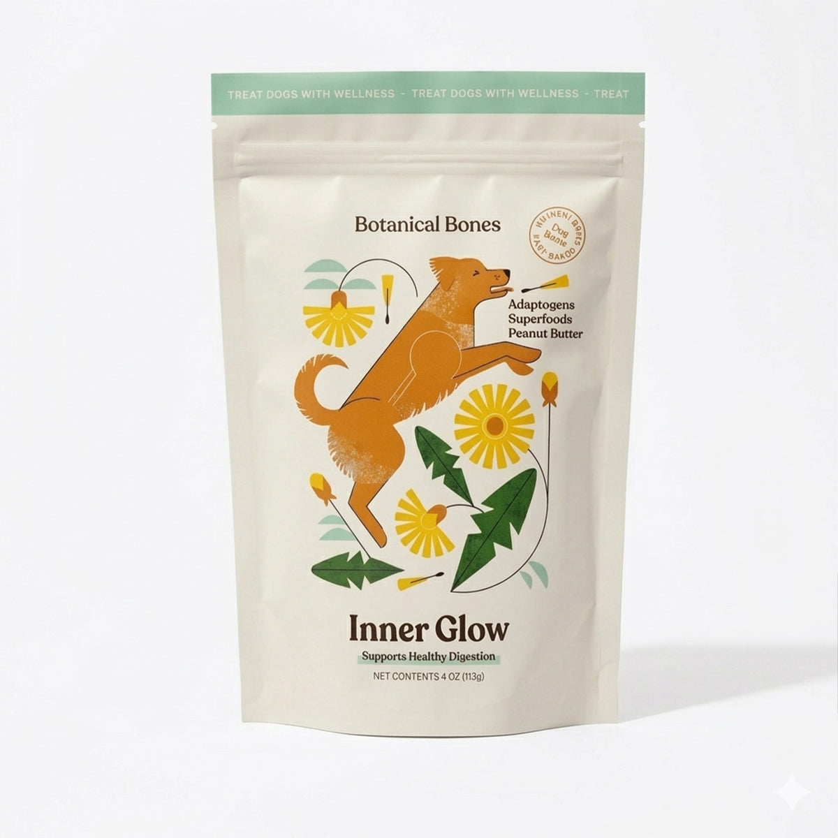 Dog treat package with botanical design and text on a white background