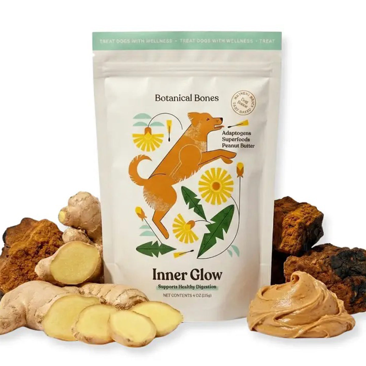 Dog food package with botanical ingredients on a white background