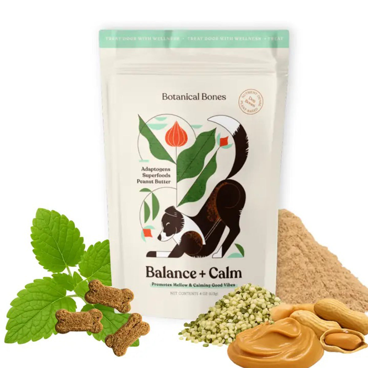 Package of Botanical Bones Balance + Calm with ingredients on a white background