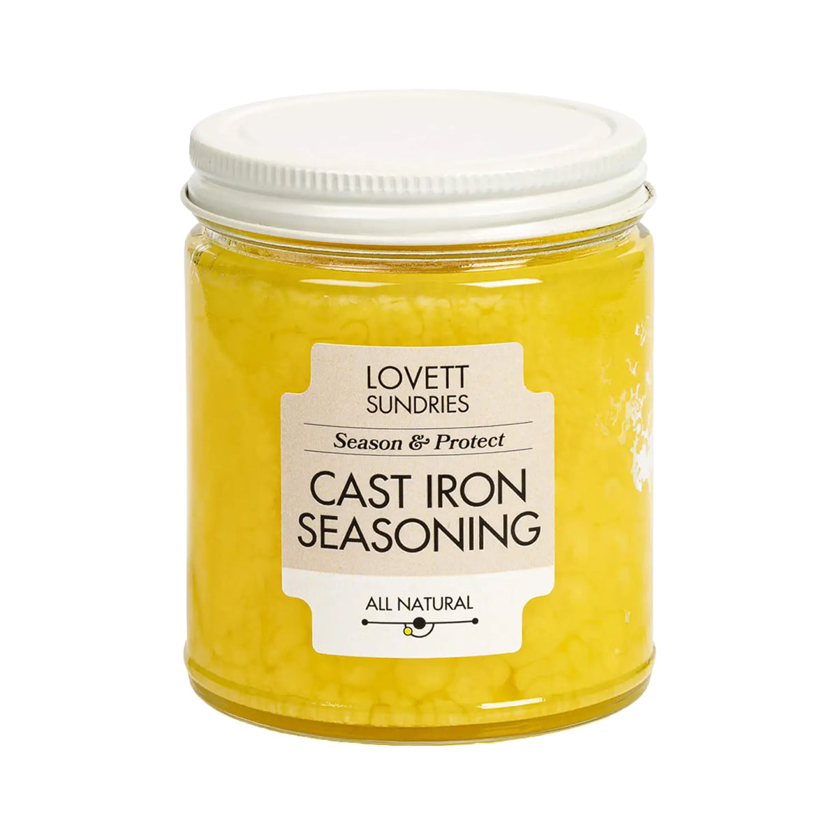 Jar of Lovett Sundries cast iron seasoning on a white background