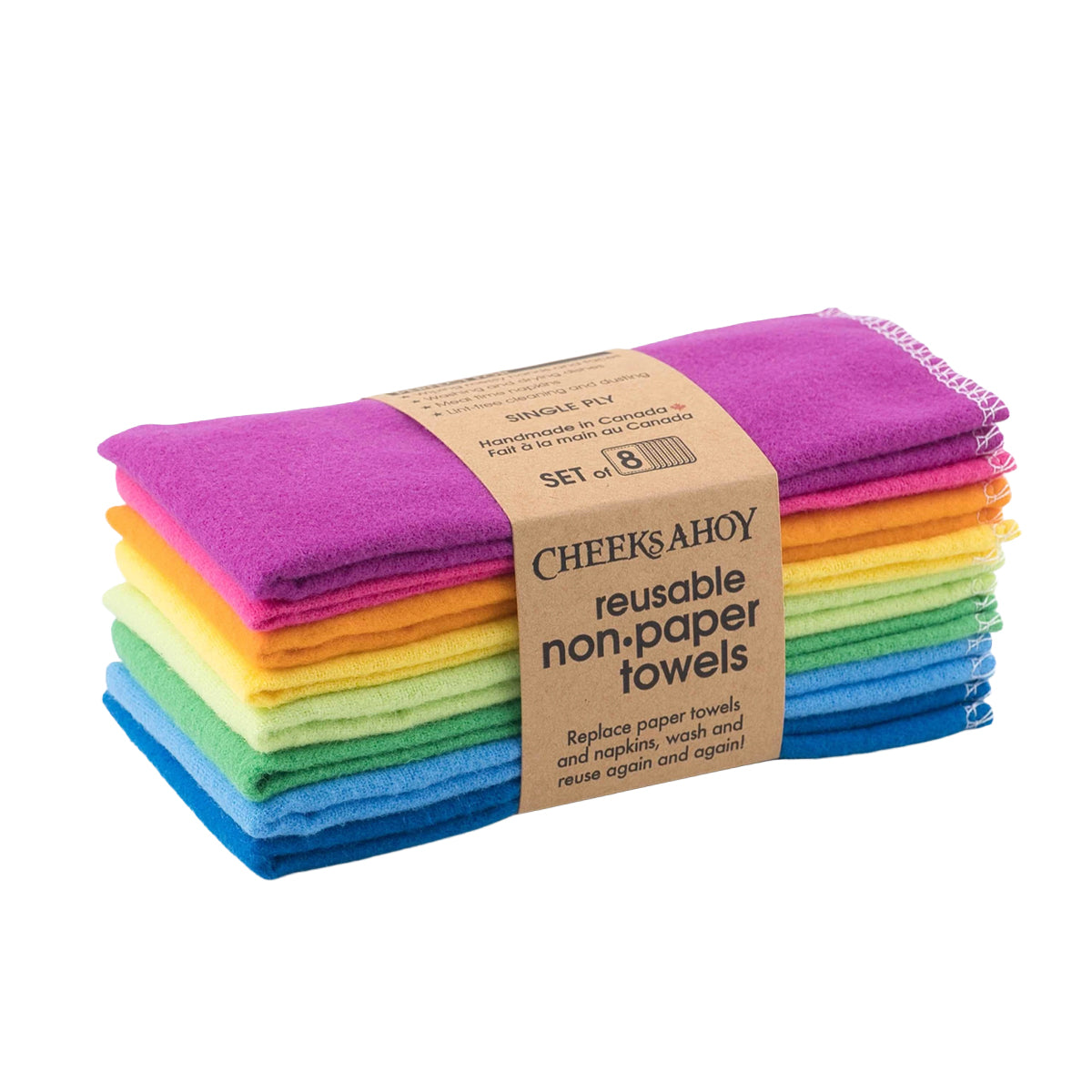 A stack of eight brightly colored cloths arranged in a rainbow pattern is shown wrapped in a brown paper band. The band identifies the product as Cheeks Ahoy Unpaper Towels, which are a set of eight single-ply towels designed to replace paper towels and napkins.