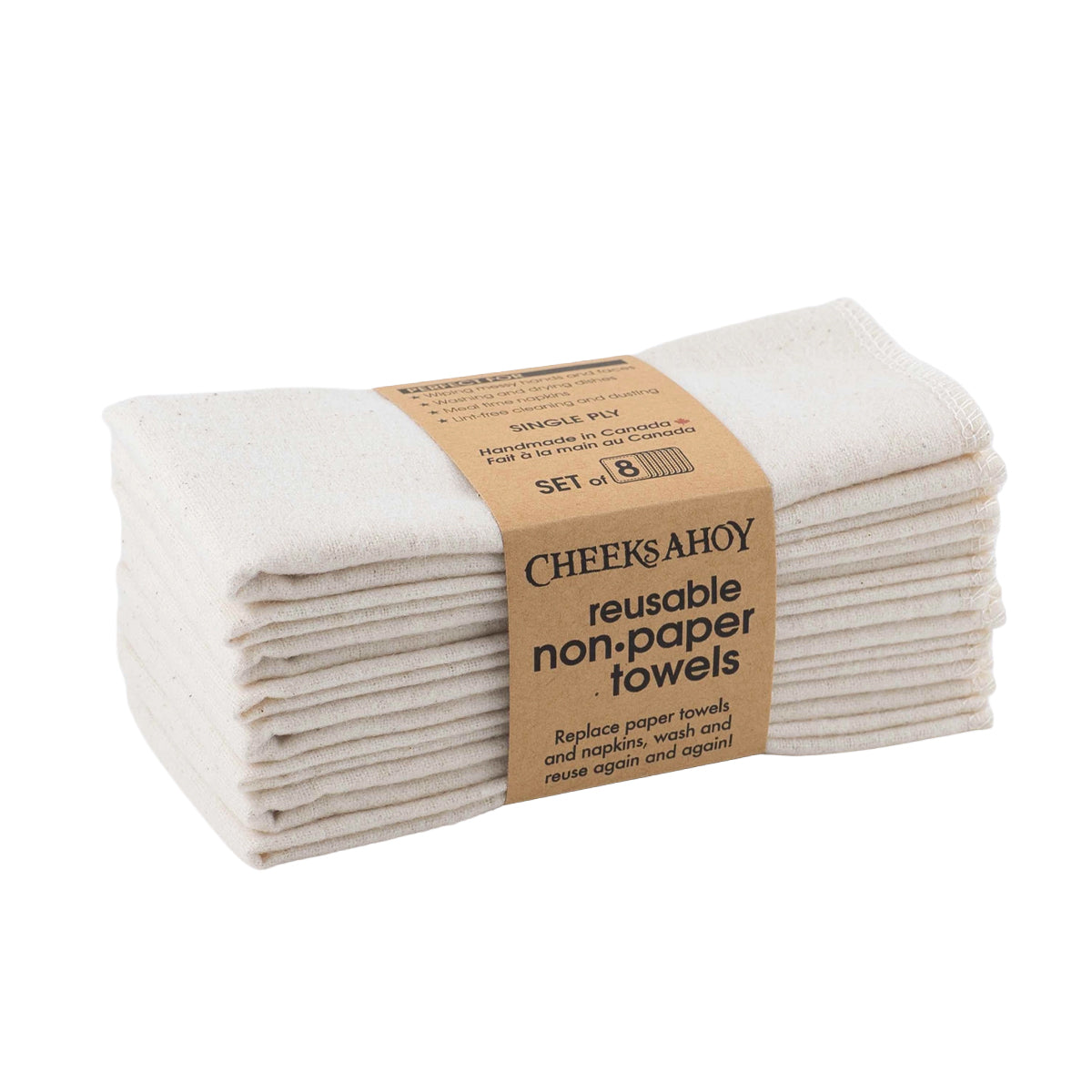 A stack of eight Cheeks Ahoy Unpaper Towels is shown, consisting of a neutral off-white or beige color. The cloths are held together by a paper band that identifies them as a set of eight single-ply towels.