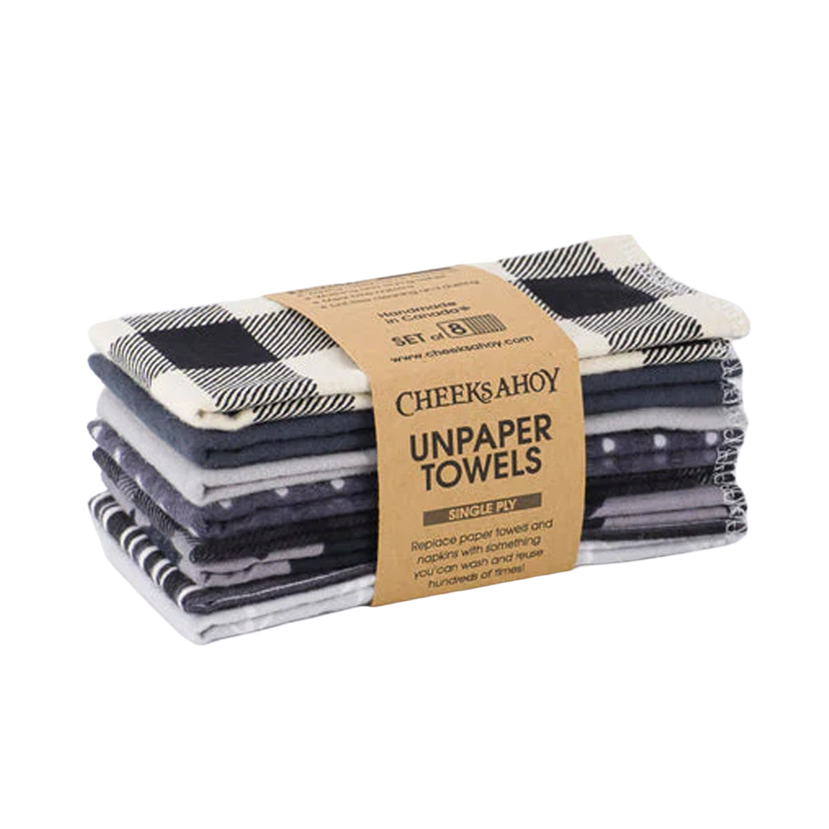 A stack of eight Cheeks Ahoy Unpaper Towels is shown, consisting of various black, white and gray patterns, including a buffalo check print. The cloths are held together by a paper band that identifies them as a set of eight single-ply towels.