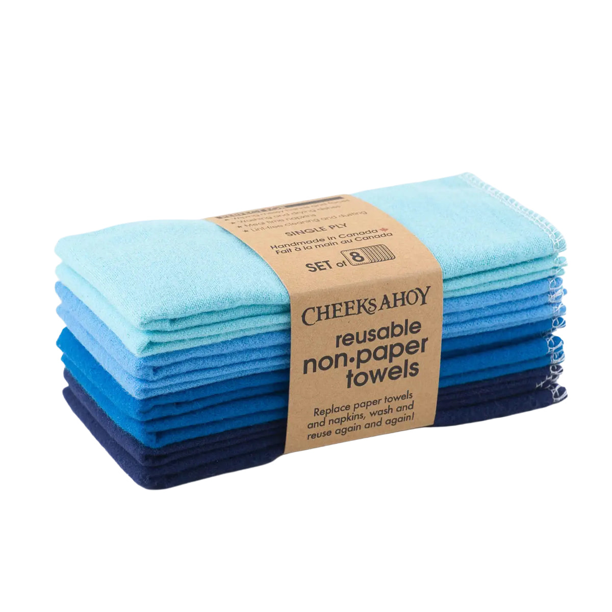 A stack of eight Cheeks Ahoy Unpaper Towels is shown, consisting of various shades of blue and teal. The cloths are held together by a paper band that identifies them as a set of eight single-ply towels.