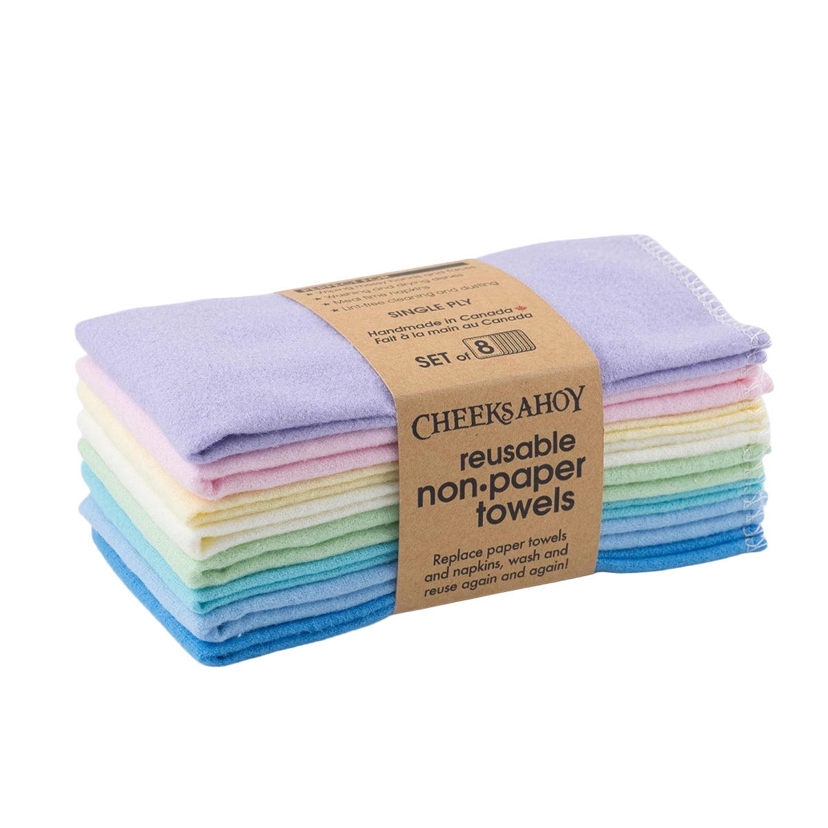 Set of colorful reusable non-paper towels with a 'Cheeks Ahoy' label on a white background.