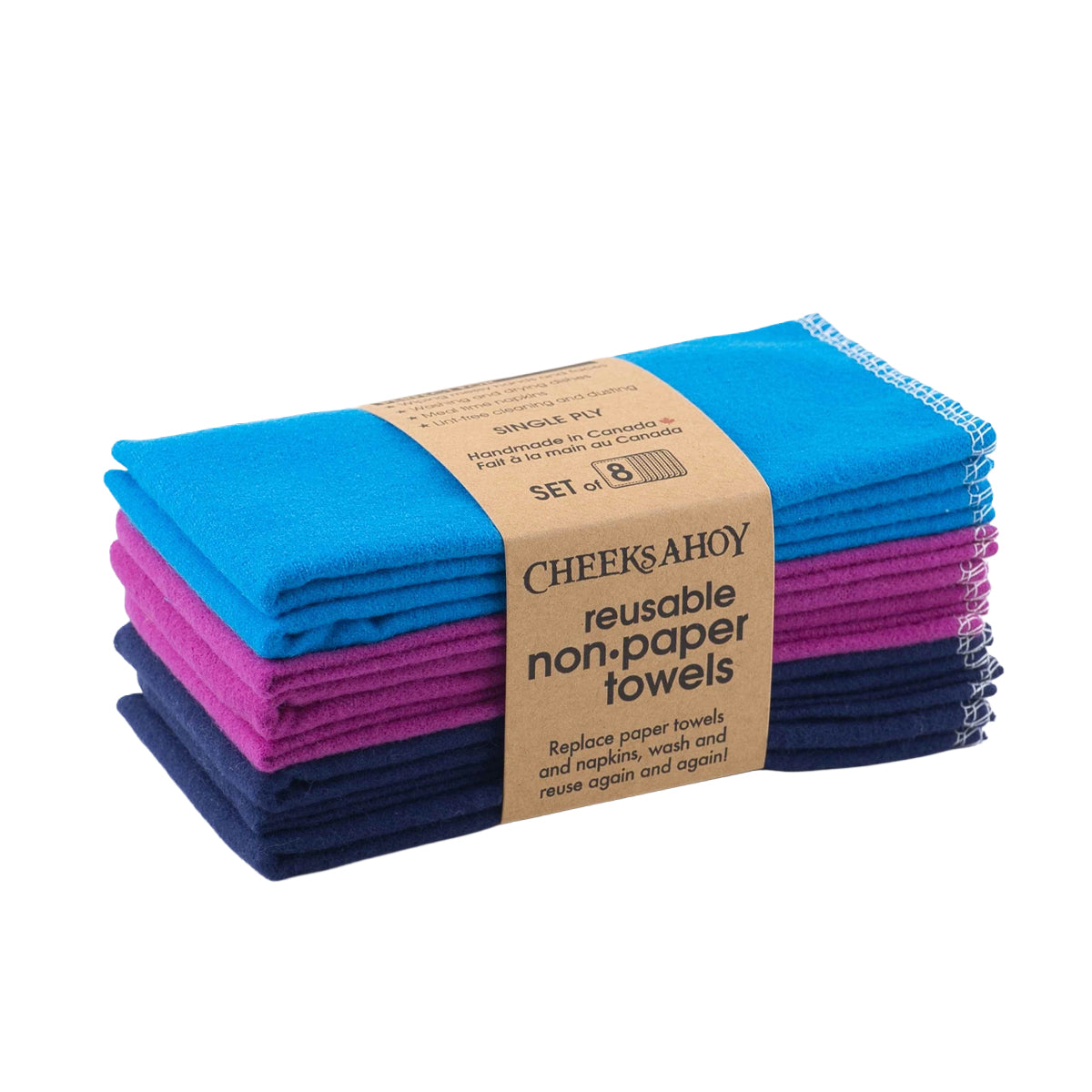 A stack of eight Cheeks Ahoy reusable non-paper towels is shown in shades of blue and magenta. The cloths are held together by a paper band that identifies them as a set of eight single-ply towels.