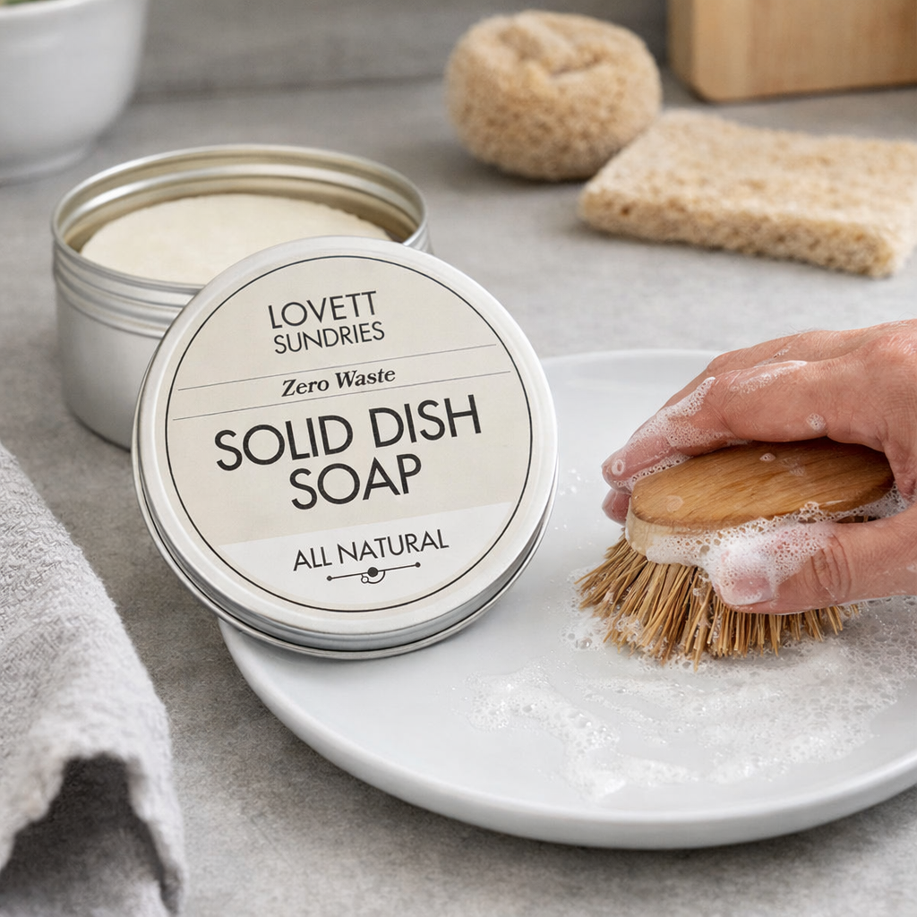 Solid dish soap container with a hand using a brush to scrub a plate, surrounded by sponges and a towel.