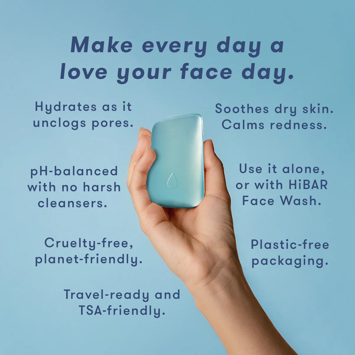 Hand holding a blue skincare product with text about its benefits on a light blue background