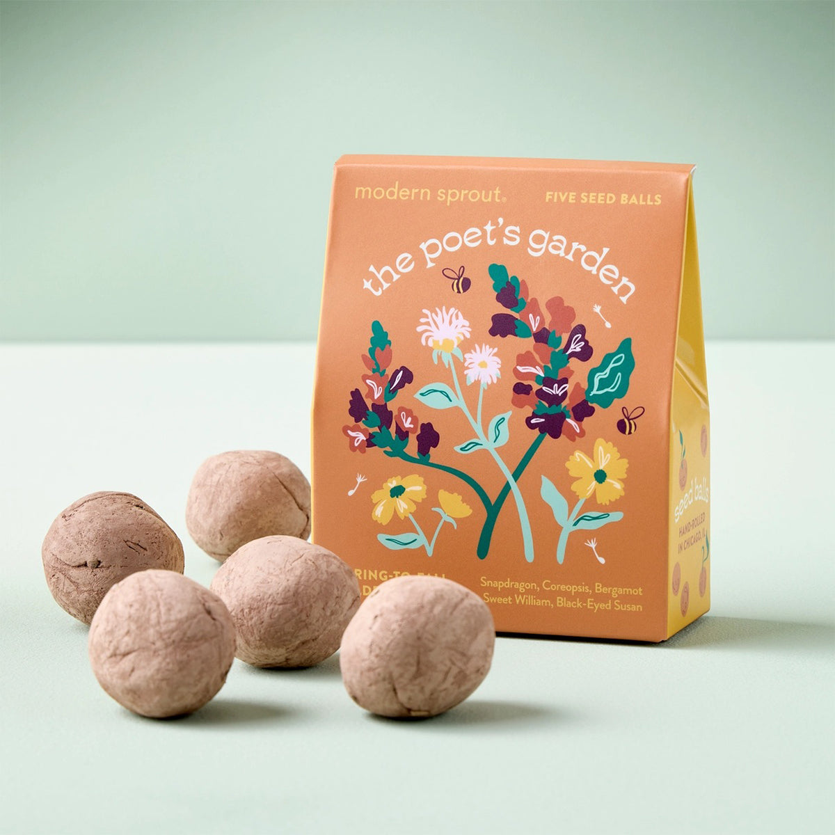 Five seed balls in front of a 'the poet's garden' packaging on a light green background