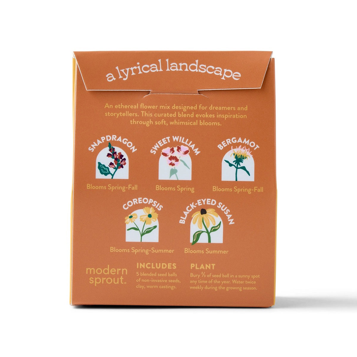 Packaging of 'a lyrical landscape' flower mix with illustrations and use instructions on a white background