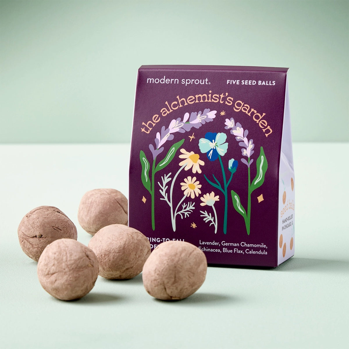 Five seed balls in front of a purple packaging box labeled 'the alchemist's garden' on a light green background.
