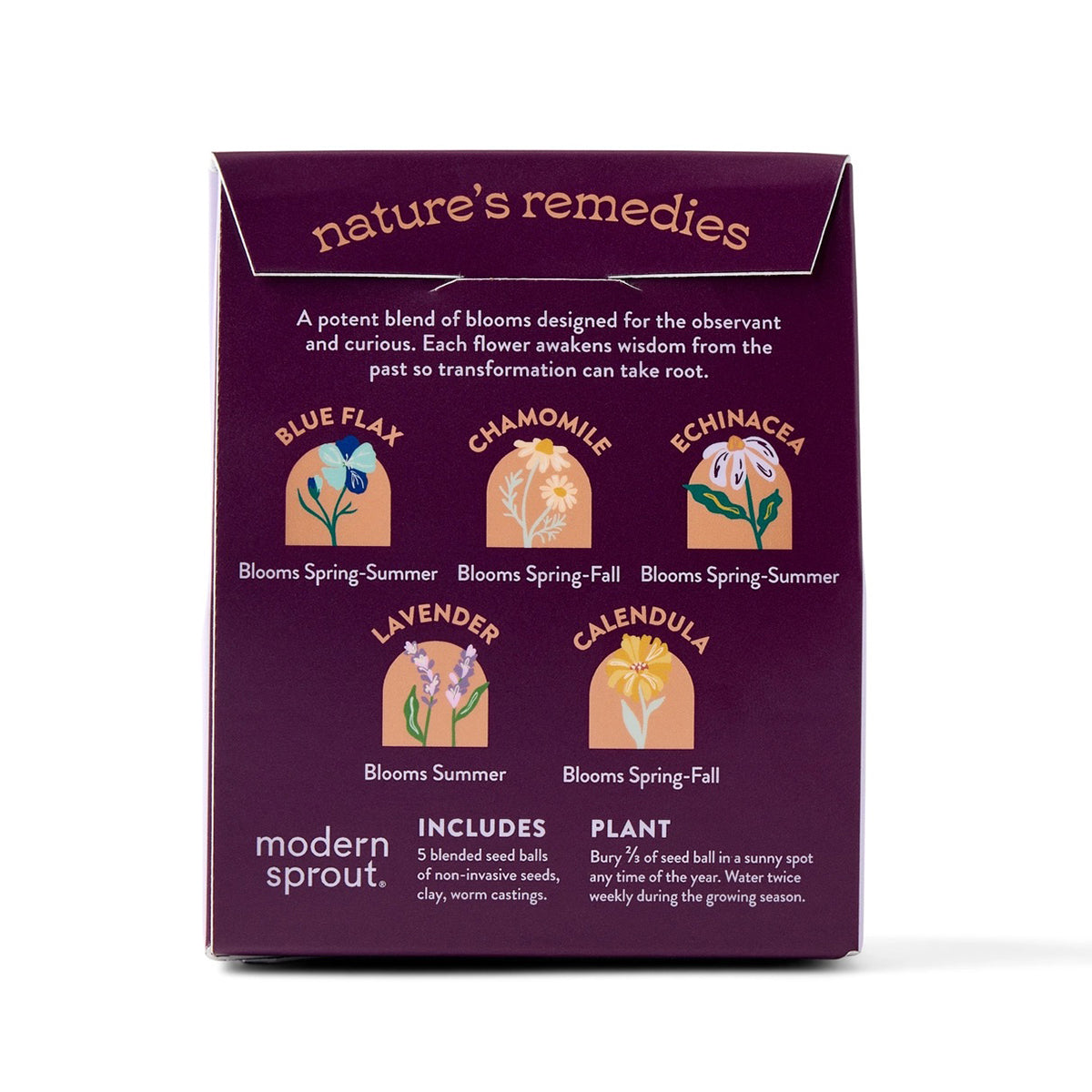 Purple packaging of 'nature's remedies' with instructions and illustrations on a white background