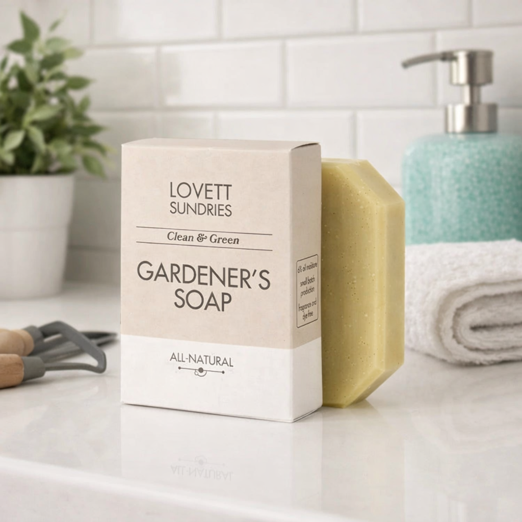 Gardener's soap bar with packaging on a bathroom counter