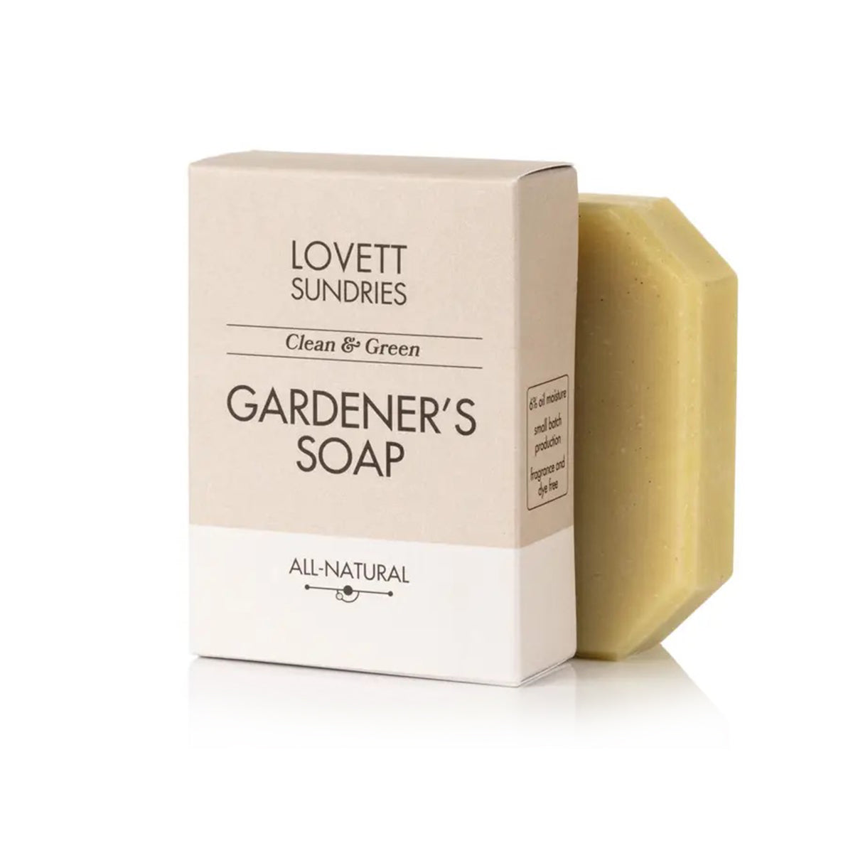 Gardeners' soap with packaging labeled 'Lovett Sundries' on a white background
