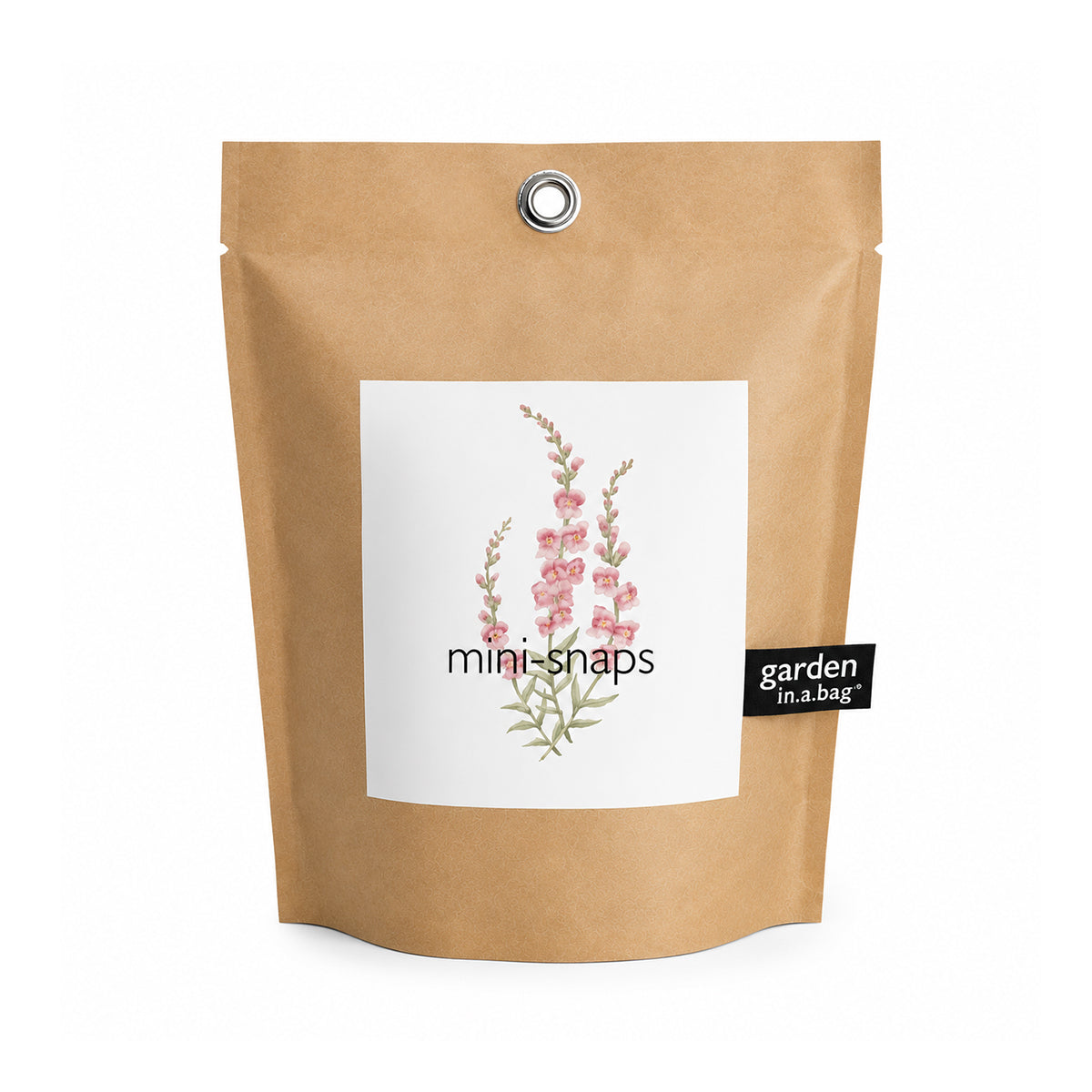 Kraft paper bag with a label featuring floral design and text on a white background