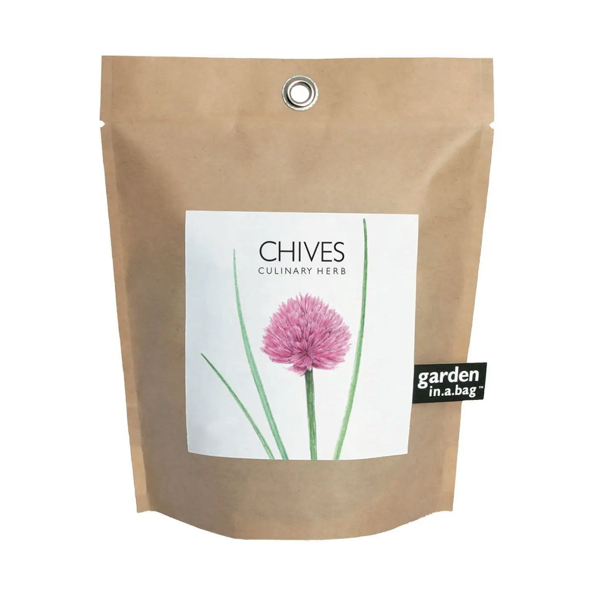 Kraft paper packaging with a label featuring a chive flower and text on a white background