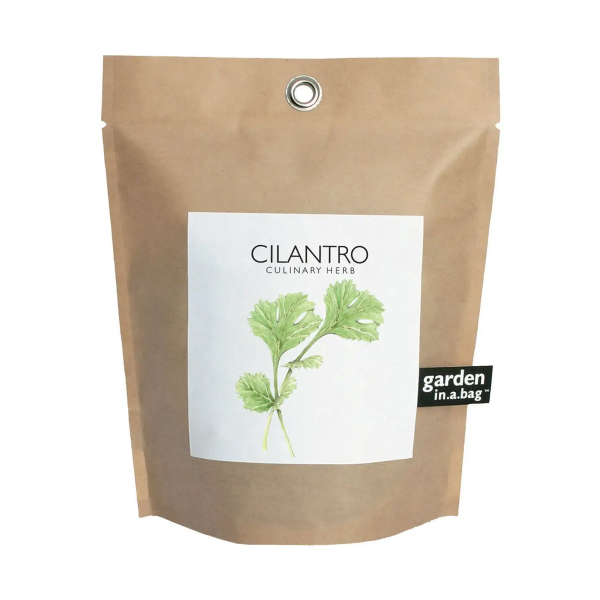Kraft paper packaging of cilantro with a label on a white background
