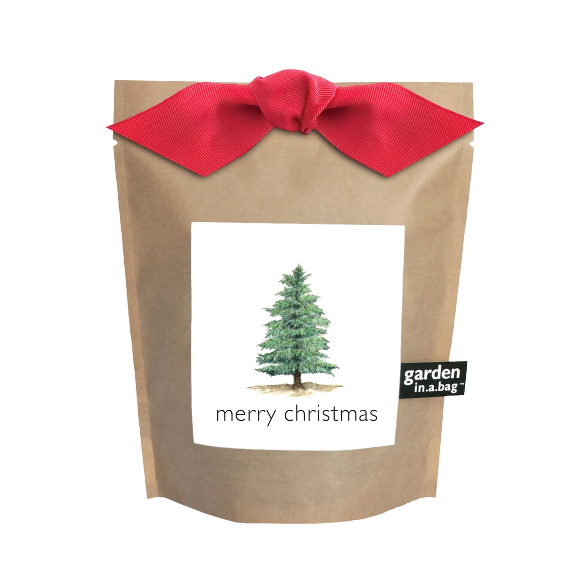 A festive brown paper "garden in a bag" pouch is tied with a red bow and features a label with a watercolor illustration of an evergreen tree and the words "merry christmas".