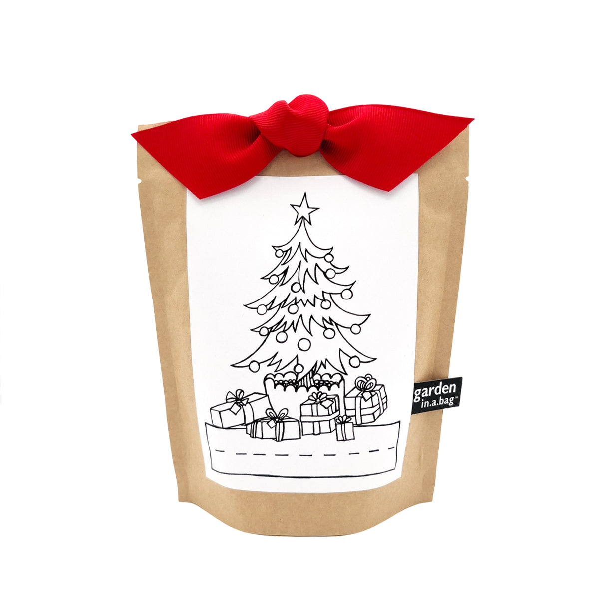 A brown paper "garden in a bag" pouch is tied with a bright red bow, making it a perfect holiday gift. The pouch features a label with a fun coloring page of a Christmas tree and gifts.