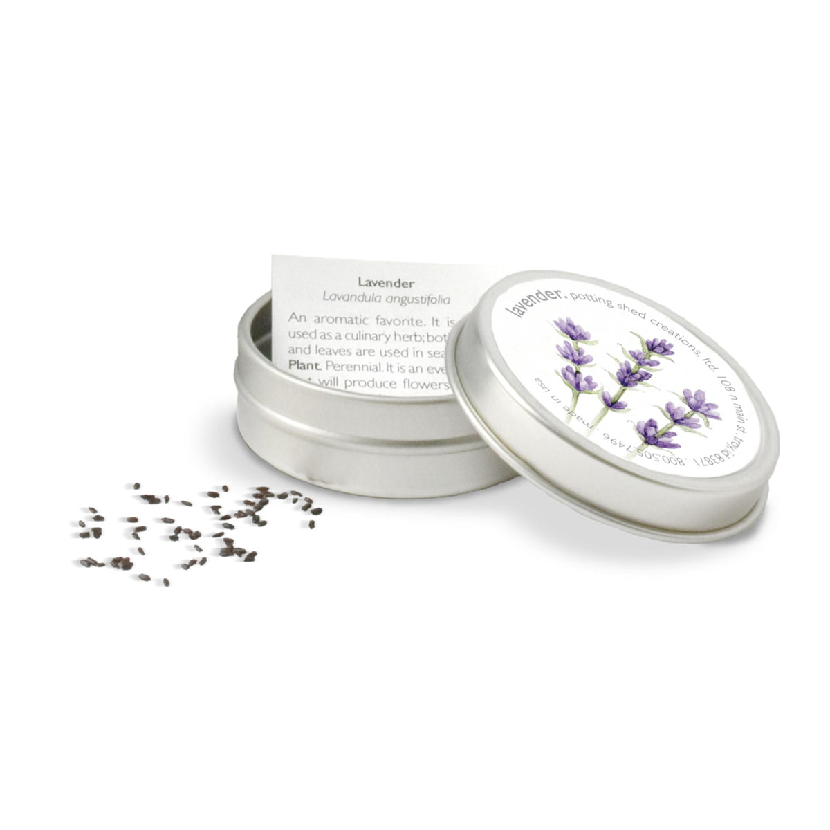 Two tins with lavender seeds and a label on a white background