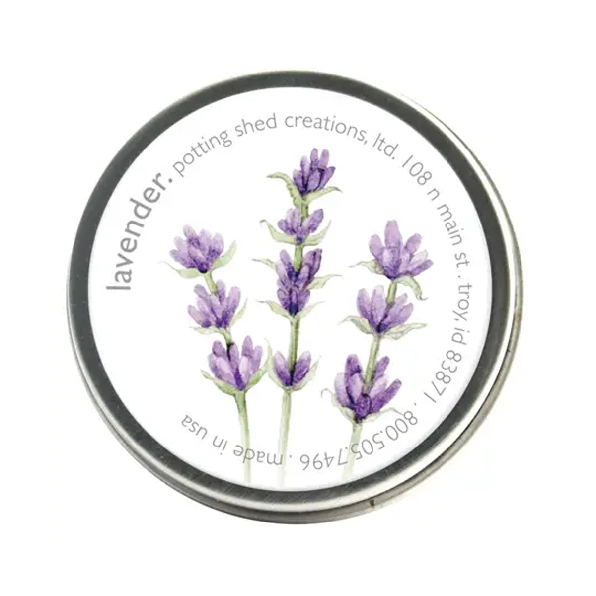 Tin lid with lavender design and text on a white background