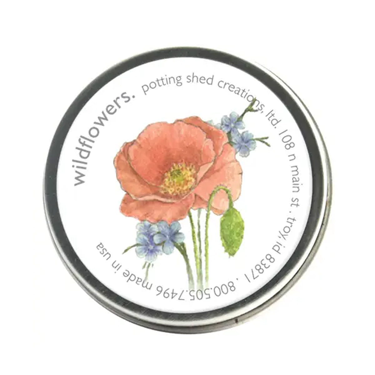 A silver tin of garden sprinkles with a white label featuring a watercolor illustration of a large red poppy and small blue wildflowers. The label text around the edge reads "wildflowers, potting shed creations"