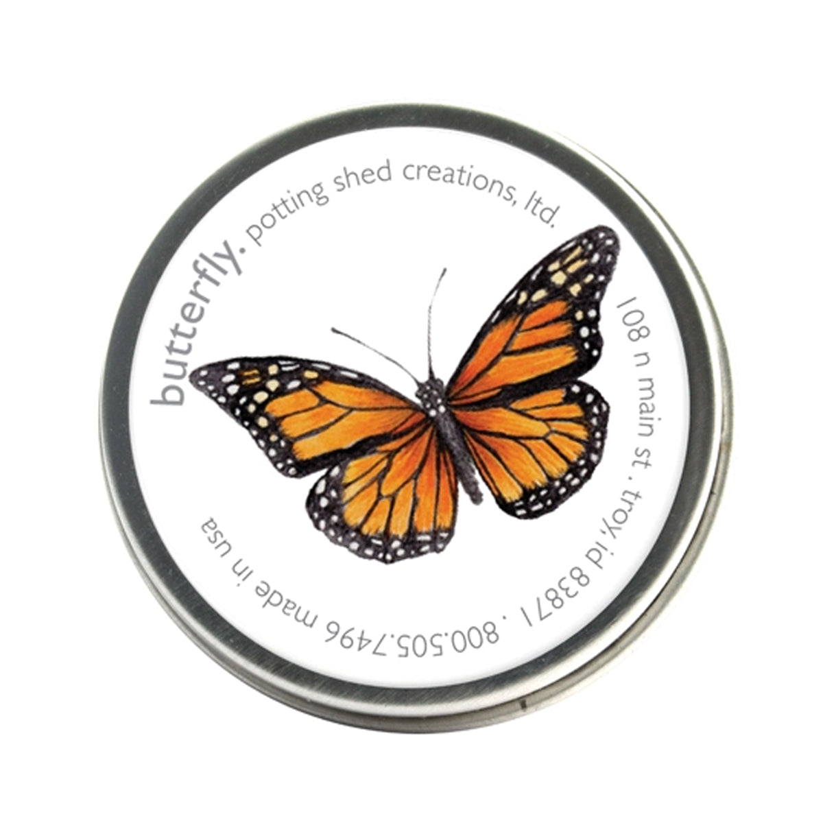 A cute tin of garden sprinkles with a monarch butterfly illustration on the lid. Text on the lid says "butterfly".